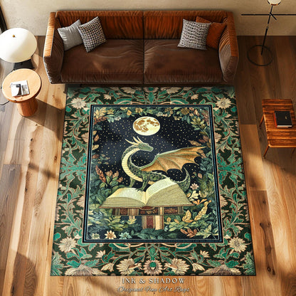 Medieval Library Cozy Reading Rug | Dragon Aesthetic Whimsigothic Dark Academia Decor for Book Nook Crowcore Fairytale Bedroom Rug Victorian