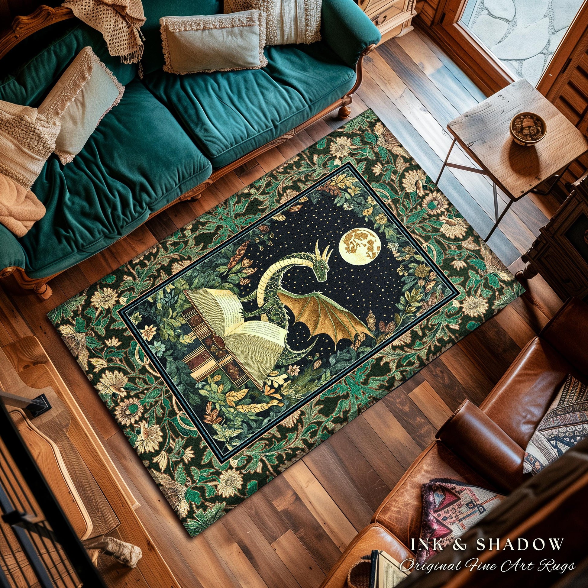 Medieval Library Cozy Reading Rug | Dragon Aesthetic Whimsigothic Dark Academia Decor for Book Nook Crowcore Fairytale Bedroom Rug Victorian