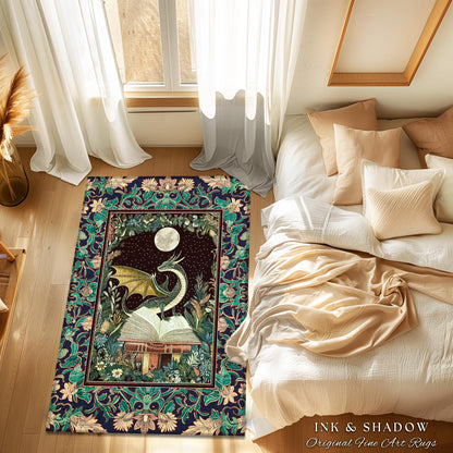 Mystic Academia Dragon Area Rug | Moonlit Fantasy Book Nook Accent Whimsical Bedroom Fairytale Dark Cottagecore Floral Storybook Aesthetic |