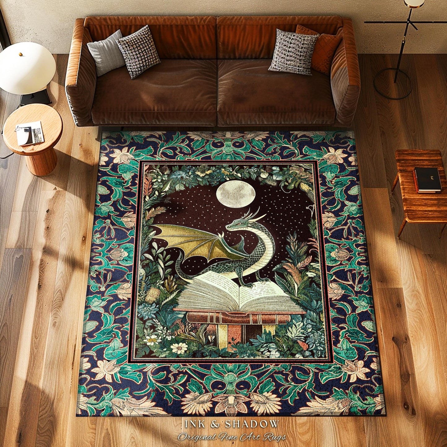 Mystic Academia Dragon Area Rug | Moonlit Fantasy Book Nook Accent Whimsical Bedroom Fairytale Dark Cottagecore Floral Storybook Aesthetic |