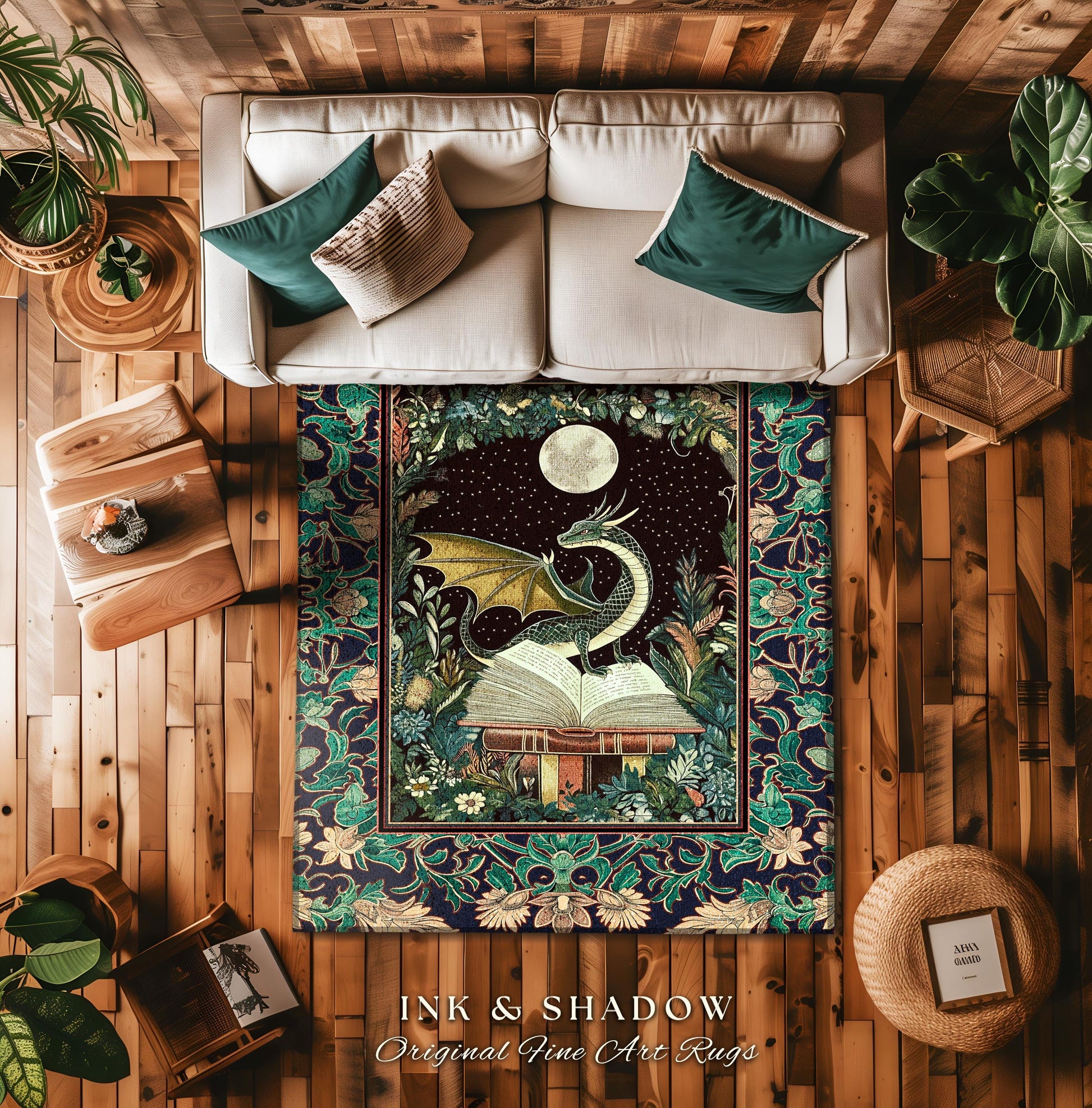 Mystic Academia Dragon Area Rug | Moonlit Fantasy Book Nook Accent Whimsical Bedroom Fairytale Dark Cottagecore Floral Storybook Aesthetic |