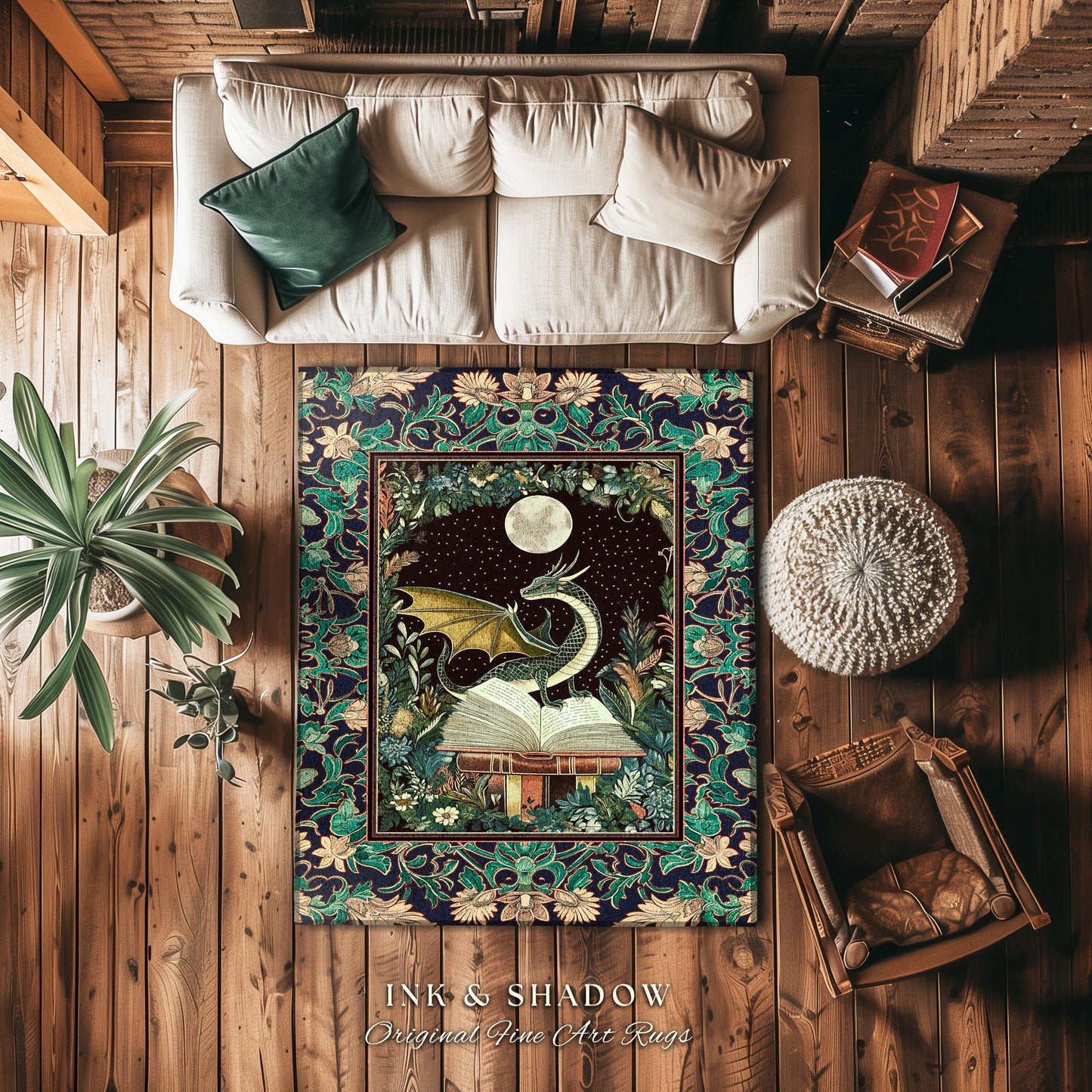 Mystic Academia Dragon Area Rug | Moonlit Fantasy Book Nook Accent Whimsical Bedroom Fairytale Dark Cottagecore Floral Storybook Aesthetic |