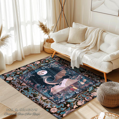 Reading Rug Ethereal Dragon Decor | Whimsical Bedroom Dark Academia Book Loving Ethereal Bedroom Whimsigothic Fantasy Floor Rug Moody Art