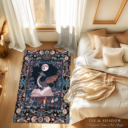 Reading Rug Ethereal Dragon Decor | Whimsical Bedroom Dark Academia Book Loving Ethereal Bedroom Whimsigothic Fantasy Floor Rug Moody Art