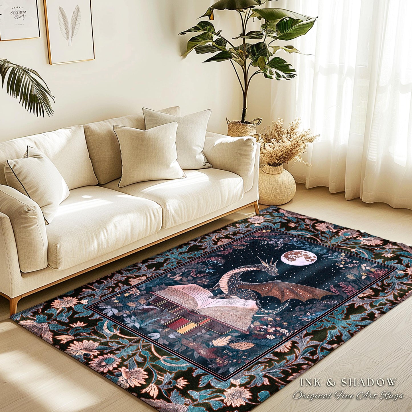 Reading Rug Ethereal Dragon Decor | Whimsical Bedroom Dark Academia Book Loving Ethereal Bedroom Whimsigothic Fantasy Floor Rug Moody Art