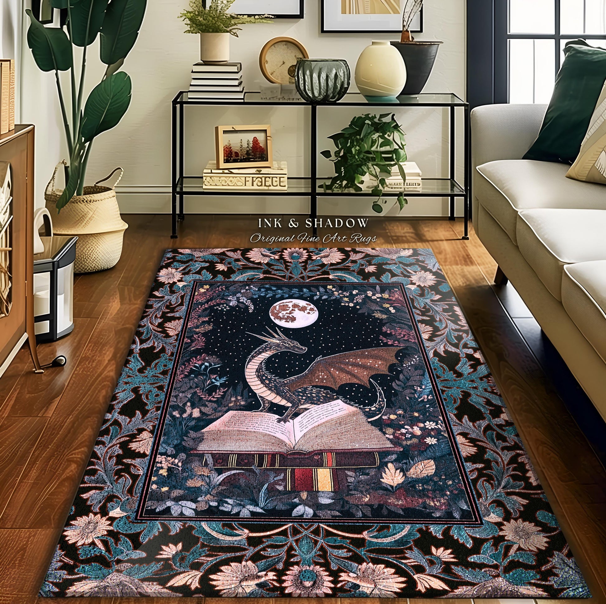 Reading Rug Ethereal Dragon Decor | Whimsical Bedroom Dark Academia Book Loving Ethereal Bedroom Whimsigothic Fantasy Floor Rug Moody Art