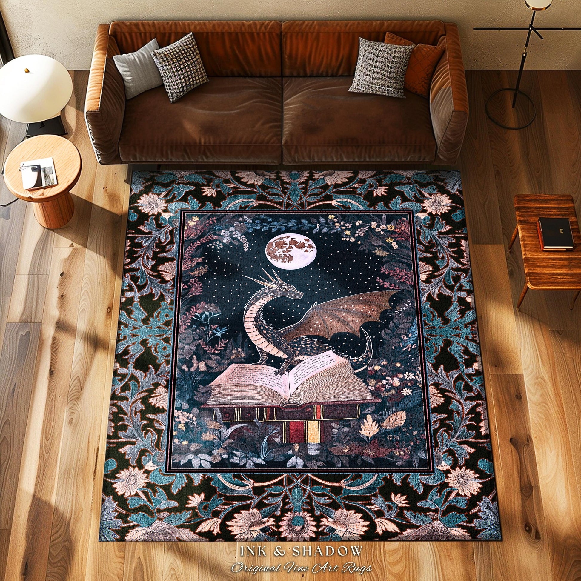 Reading Rug Ethereal Dragon Decor | Whimsical Bedroom Dark Academia Book Loving Ethereal Bedroom Whimsigothic Fantasy Floor Rug Moody Art