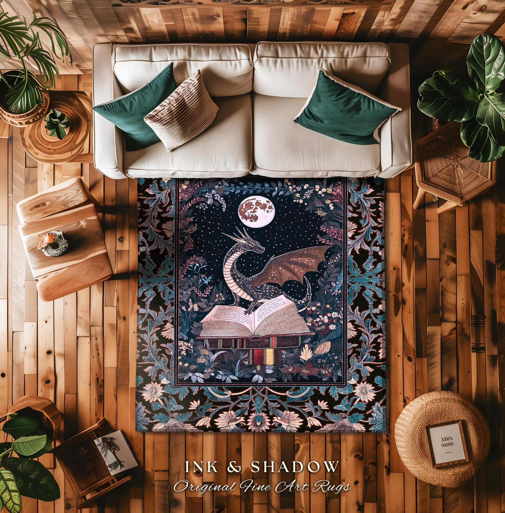 Reading Rug Ethereal Dragon Decor | Whimsical Bedroom Dark Academia Book Loving Ethereal Bedroom Whimsigothic Fantasy Floor Rug Moody Art