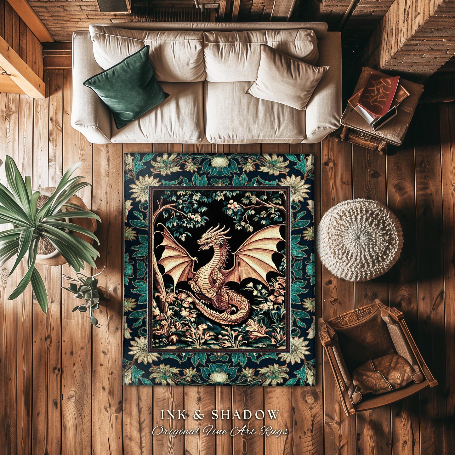 Elegant Golden Dragon Botanical Area Rug | Mystic Florals Medieval Fantasy Bedroom Aesthetic Floral Accent Rug Mythical Creatures Ethereal |