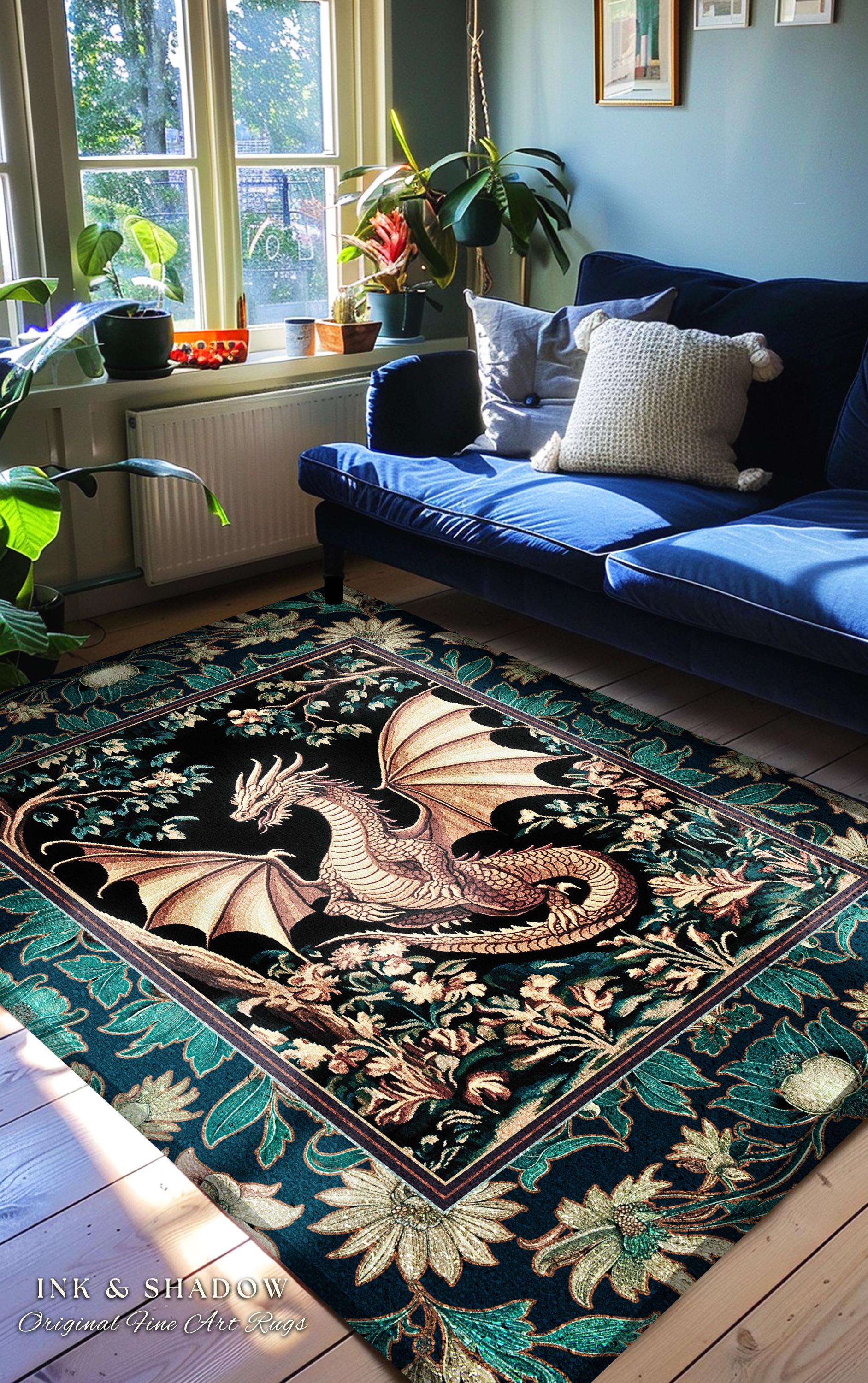 Elegant Golden Dragon Botanical Area Rug | Mystic Florals Medieval Fantasy Bedroom Aesthetic Floral Accent Rug Mythical Creatures Ethereal |