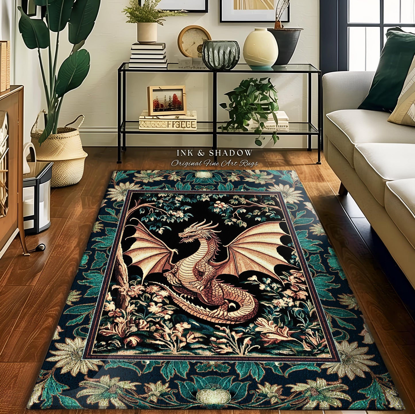 Elegant Golden Dragon Botanical Area Rug | Mystic Florals Medieval Fantasy Bedroom Aesthetic Floral Accent Rug Mythical Creatures Ethereal |