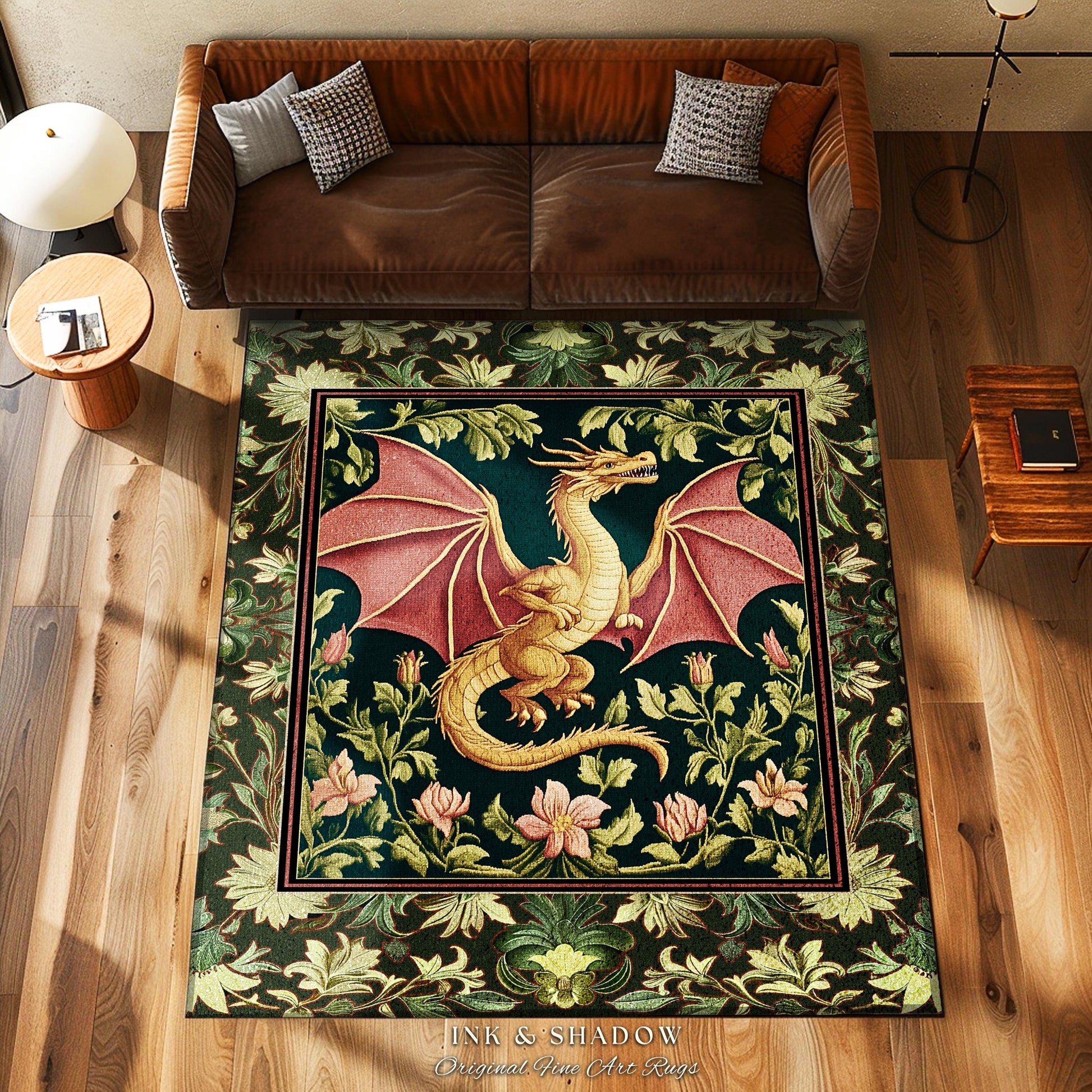 Botanical Storybook Dragon Area Rug | Fairytale Aesthetic Floral Victorian Accent Foliage Middle Ages Theme Enchanted Gothic Folklore Magic
