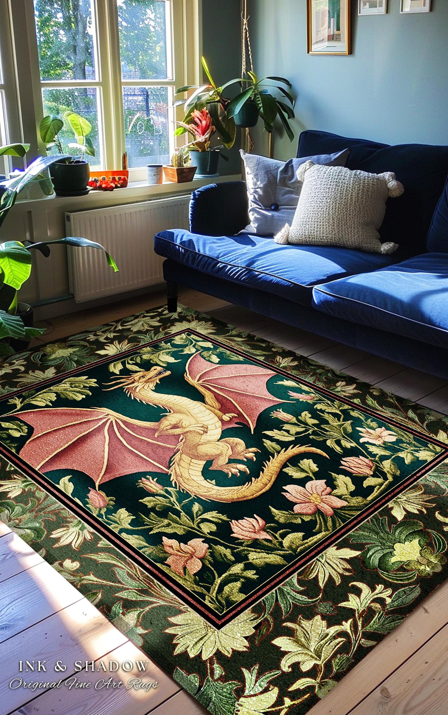 Botanical Storybook Dragon Area Rug | Fairytale Aesthetic Floral Victorian Accent Foliage Middle Ages Theme Enchanted Gothic Folklore Magic