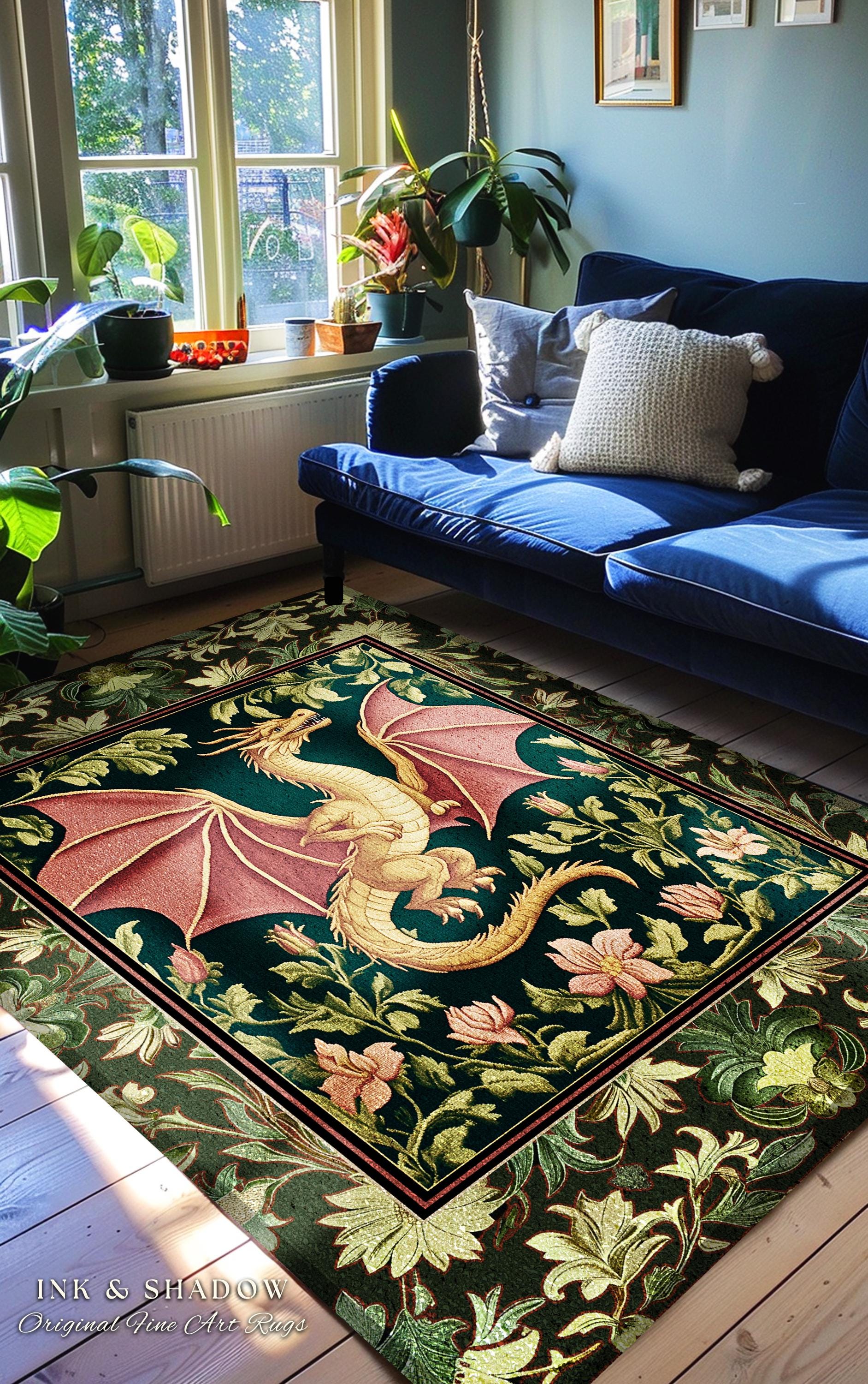 Botanical Storybook Dragon Area Rug | Fairytale Aesthetic Floral Victorian Accent Foliage Middle Ages Theme Enchanted Gothic Folklore Magic