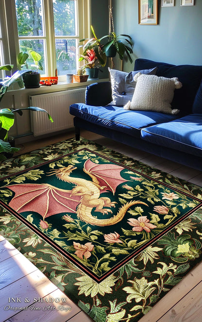 Botanical Storybook Dragon Area Rug | Fairytale Aesthetic Floral Victorian Accent Foliage Middle Ages Theme Enchanted Gothic Folklore Magic