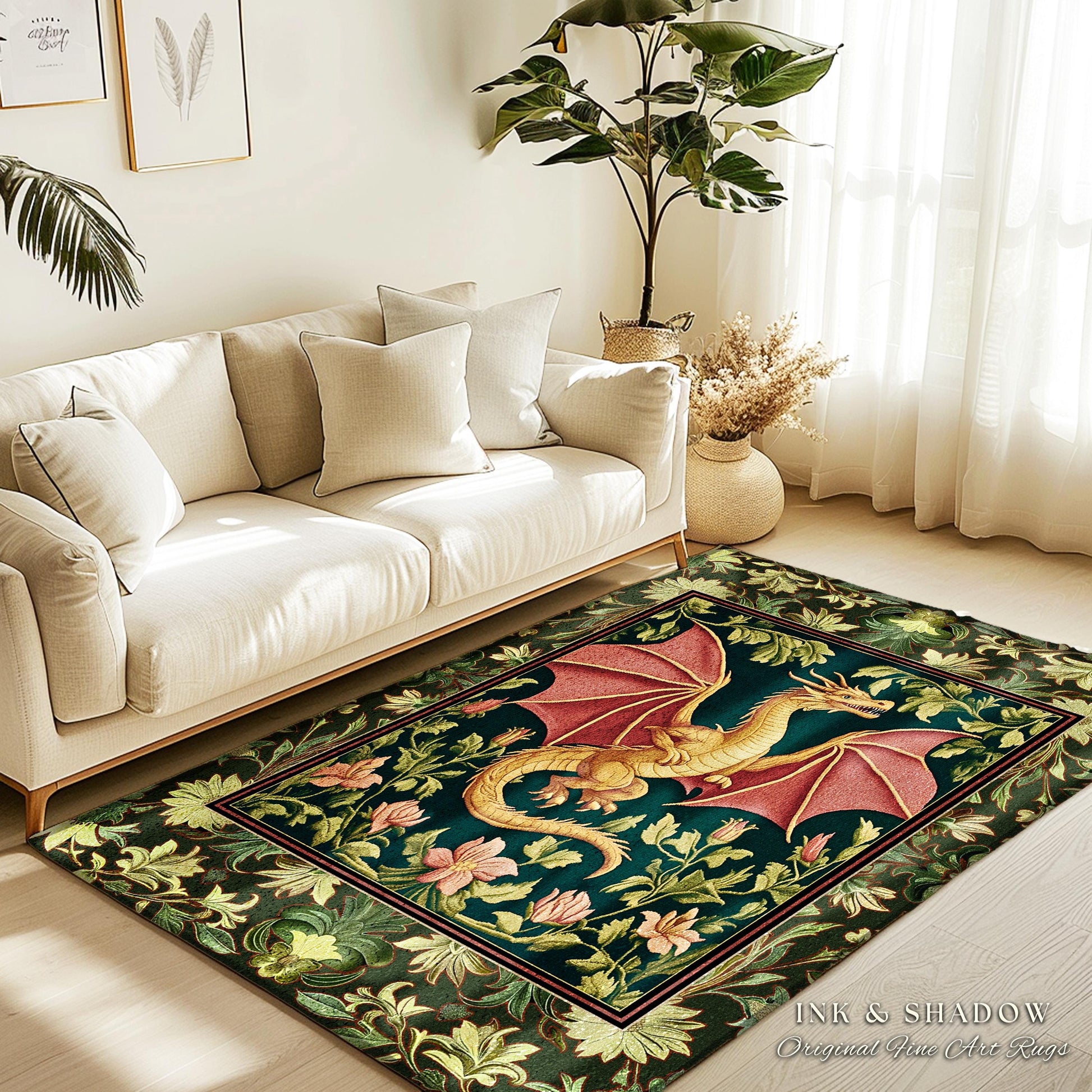 Botanical Storybook Dragon Area Rug | Fairytale Aesthetic Floral Victorian Accent Foliage Middle Ages Theme Enchanted Gothic Folklore Magic