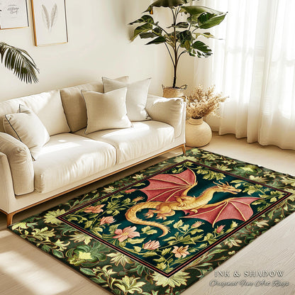 Botanical Storybook Dragon Area Rug | Fairytale Aesthetic Floral Victorian Accent Foliage Middle Ages Theme Enchanted Gothic Folklore Magic