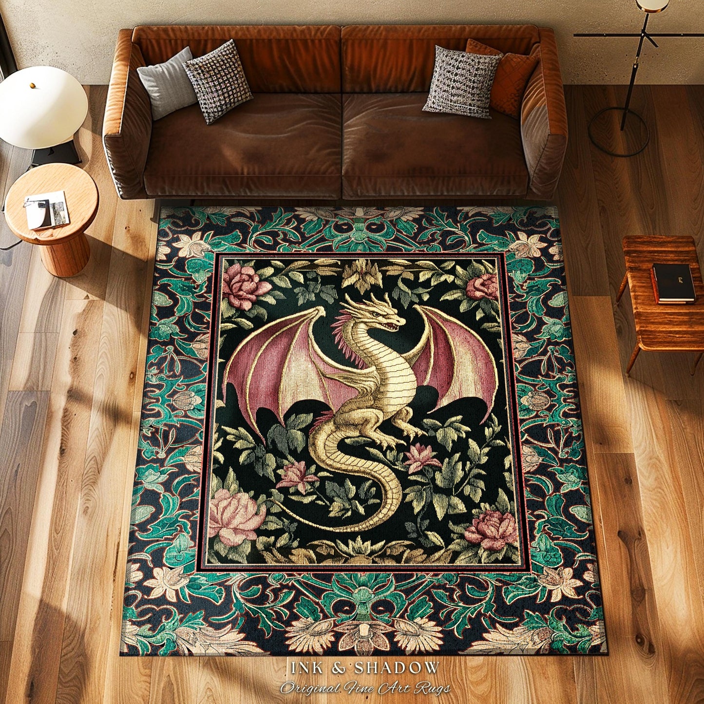 Victorian Gothic Medieval Dragon Rug | Enchanted Ornate Baroque Fantasy Home Accent Mystical Vintage Whimsigoth Woodland Bedroom Art Trendy