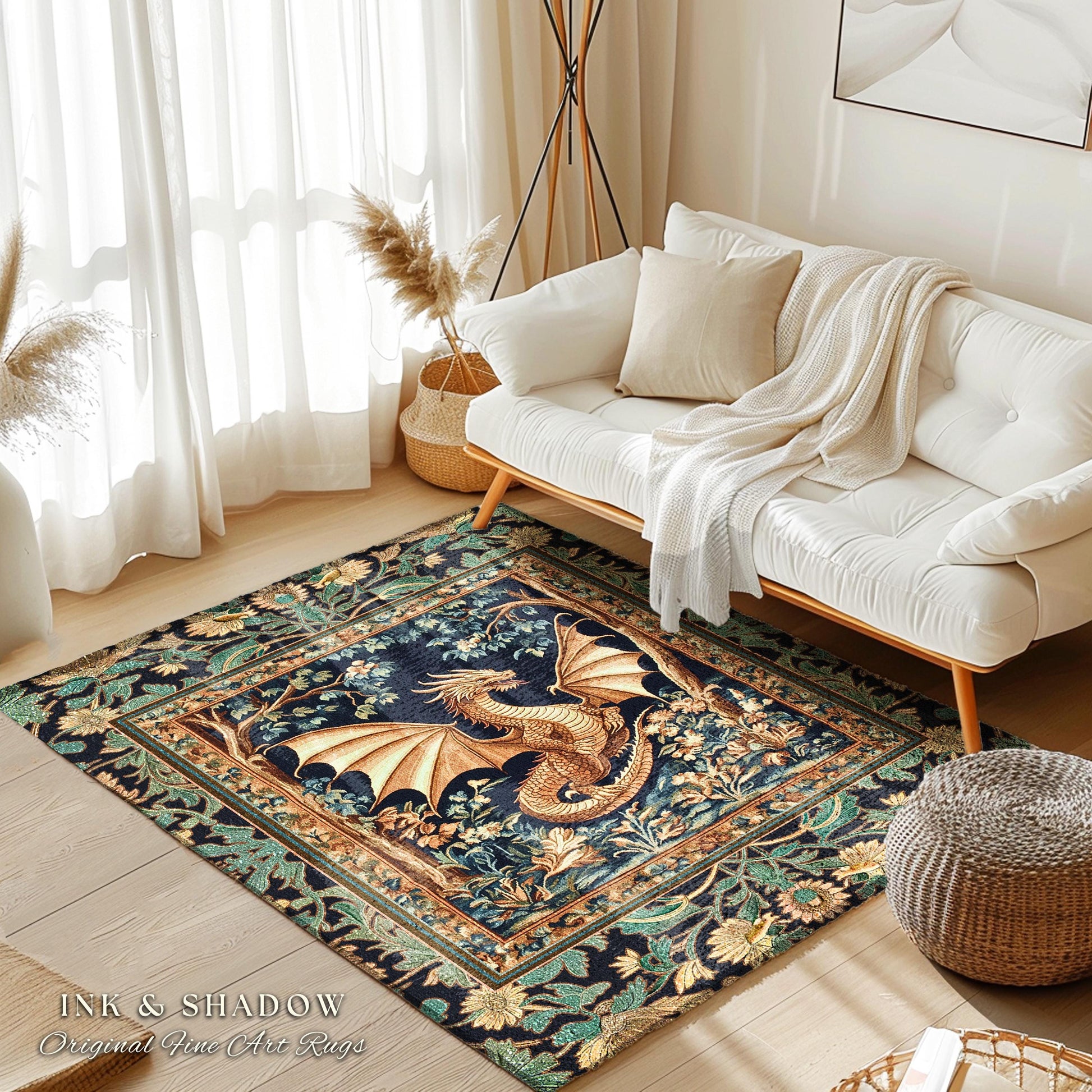 Golden Mystic Fairytale Dragon Rug | Storybook Aesthetic Dark Victorian Enchanted Gothic Art Forest Botanical Folklore Magical Home Accent |