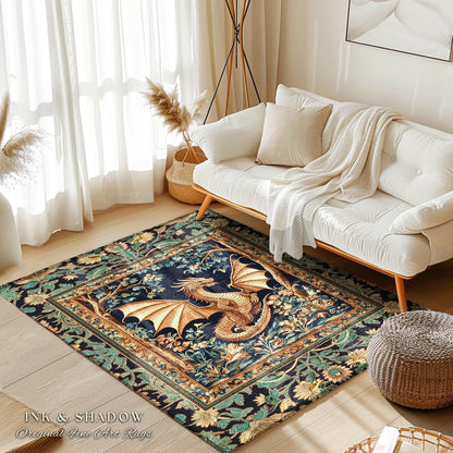 Golden Mystic Fairytale Dragon Rug | Storybook Aesthetic Dark Victorian Enchanted Gothic Art Forest Botanical Folklore Magical Home Accent |