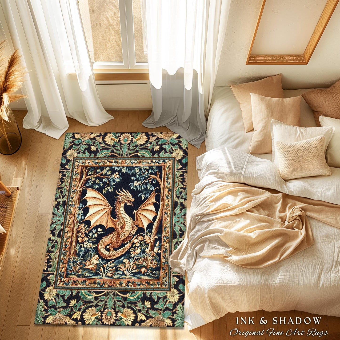 Golden Mystic Fairytale Dragon Rug | Storybook Aesthetic Dark Victorian Enchanted Gothic Art Forest Botanical Folklore Magical Home Accent |