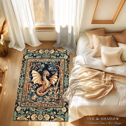 Golden Mystic Fairytale Dragon Rug | Storybook Aesthetic Dark Victorian Enchanted Gothic Art Forest Botanical Folklore Magical Home Accent |