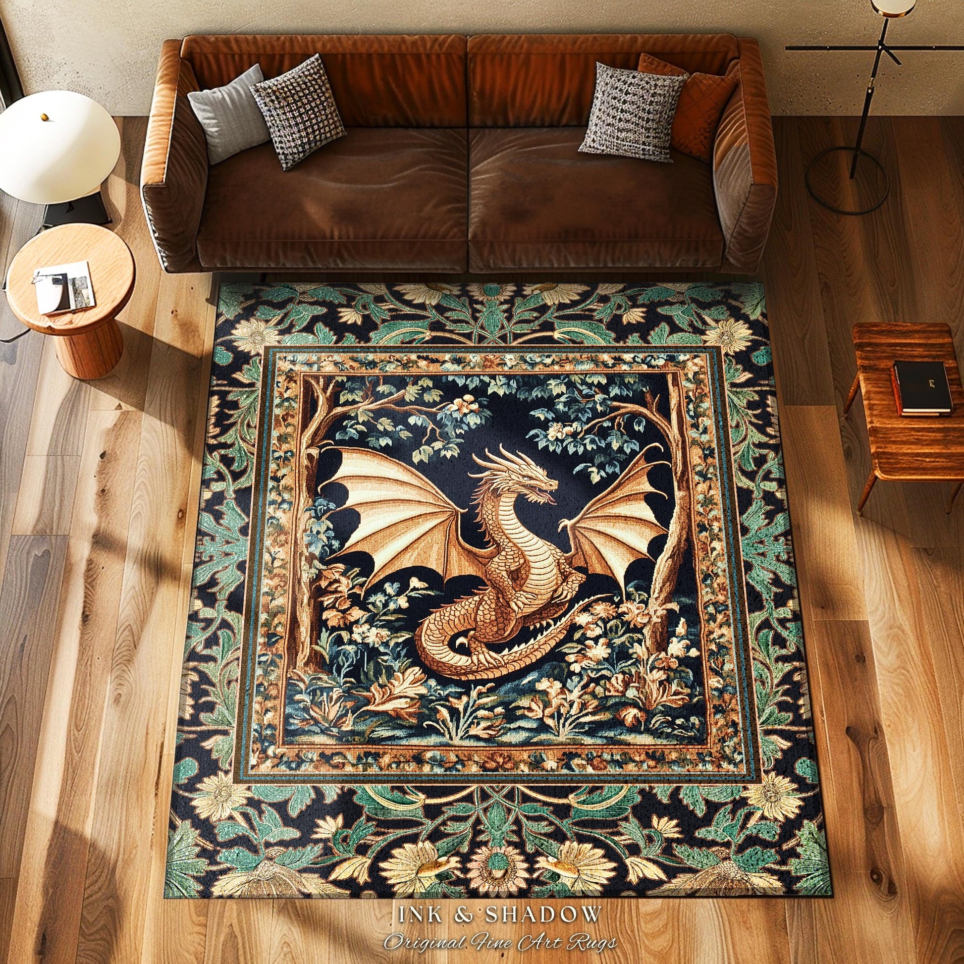 Golden Mystic Fairytale Dragon Rug | Storybook Aesthetic Dark Victorian Enchanted Gothic Art Forest Botanical Folklore Magical Home Accent |