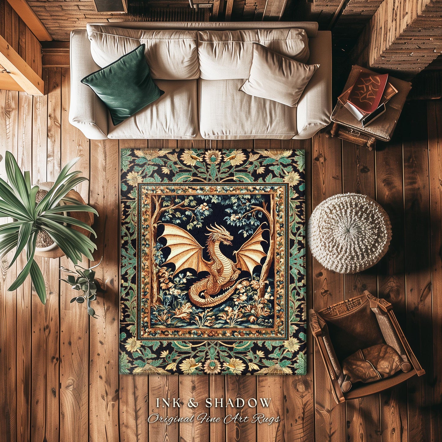 Golden Mystic Fairytale Dragon Rug | Storybook Aesthetic Dark Victorian Enchanted Gothic Art Forest Botanical Folklore Magical Home Accent |