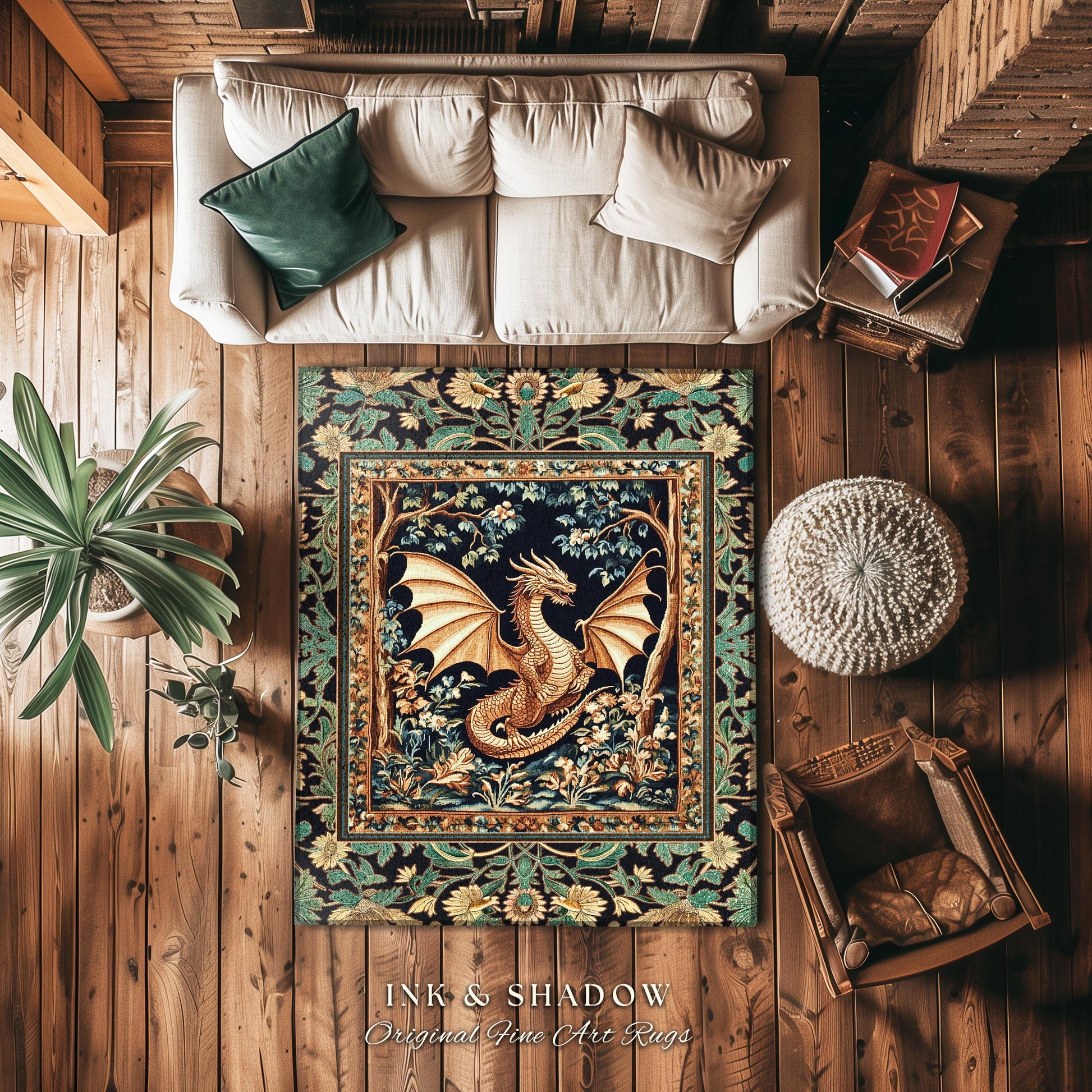 Golden Mystic Fairytale Dragon Rug | Storybook Aesthetic Dark Victorian Enchanted Gothic Art Forest Botanical Folklore Magical Home Accent |
