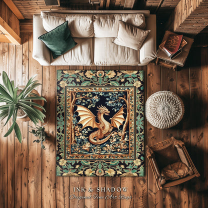 Golden Mystic Fairytale Dragon Rug | Storybook Aesthetic Dark Victorian Enchanted Gothic Art Forest Botanical Folklore Magical Home Accent |