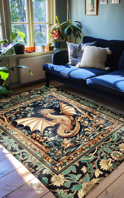 Golden Mystic Fairytale Dragon Rug | Storybook Aesthetic Dark Victorian Enchanted Gothic Art Forest Botanical Folklore Magical Home Accent |