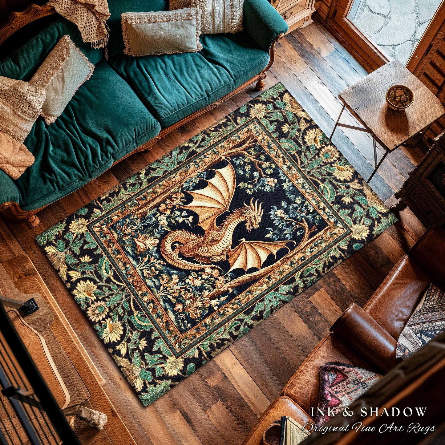 Golden Mystic Fairytale Dragon Rug | Storybook Aesthetic Dark Victorian Enchanted Gothic Art Forest Botanical Folklore Magical Home Accent |