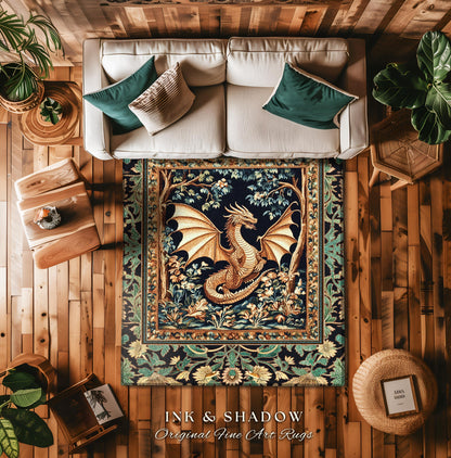 Golden Mystic Fairytale Dragon Rug | Storybook Aesthetic Dark Victorian Enchanted Gothic Art Forest Botanical Folklore Magical Home Accent |