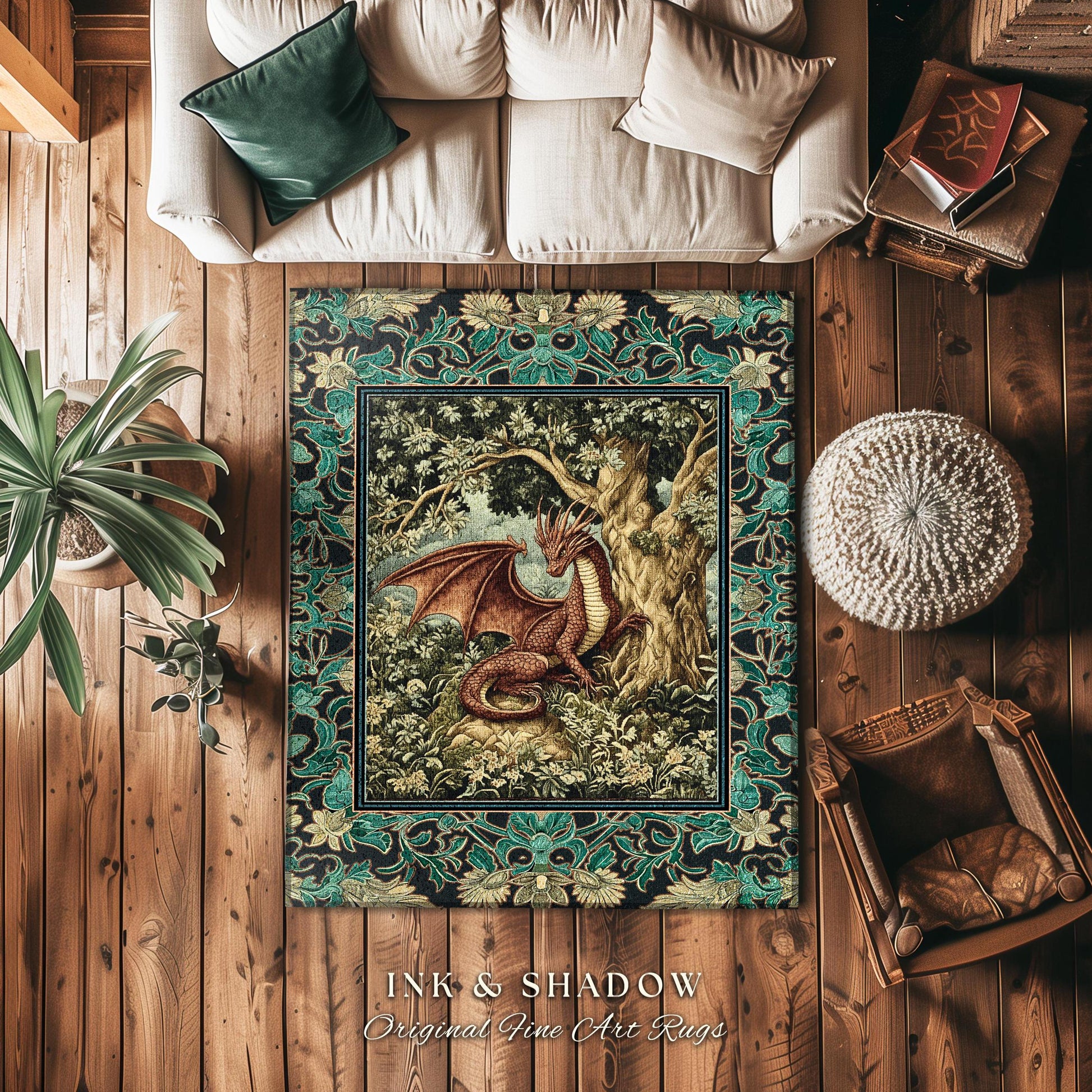 Moody Mythological Dragon Floor Rug | Whimsical Bedroom Dark Medieval Dragon Area Rug Enchanted Gloomy Ethereal Goblincore Style Bedroom |