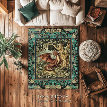 Moody Mythological Dragon Floor Rug | Whimsical Bedroom Dark Medieval Dragon Area Rug Enchanted Gloomy Ethereal Goblincore Style Bedroom |