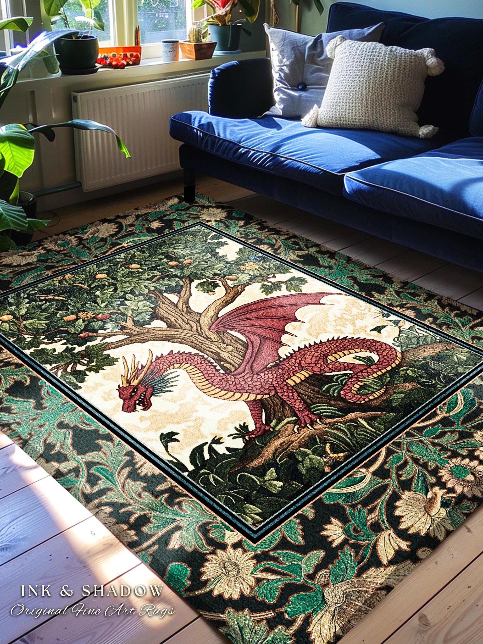 Magical Fantasy Inspired Dragon Rug | Ethereal Medieval Nordic Tree of Life Fairytale Bedroom Whimsigothic Dark Academia Rustic Decor Mystic