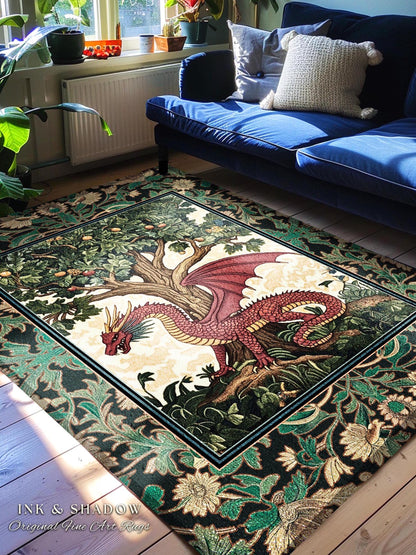 Magical Fantasy Inspired Dragon Rug | Ethereal Medieval Nordic Tree of Life Fairytale Bedroom Whimsigothic Dark Academia Rustic Decor Mystic