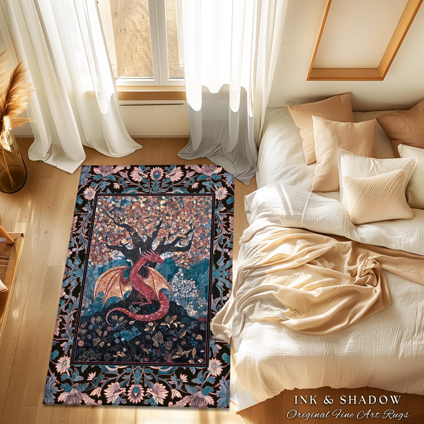 Mystic Serpent Dragon Cozy Bedroom Rug | Medieval Whimsy Dark Academia Magical Aesthetic Tree Area Rug Fairytale Theme Moody Magical Beast |