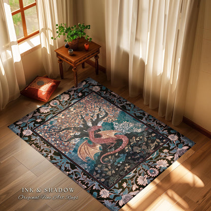 Mystic Serpent Dragon Cozy Bedroom Rug | Medieval Whimsy Dark Academia Magical Aesthetic Tree Area Rug Fairytale Theme Moody Magical Beast |