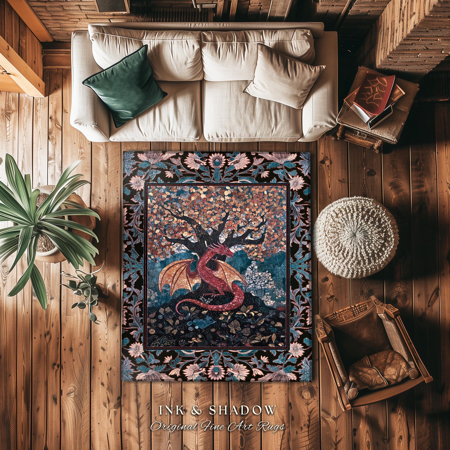 Mystic Serpent Dragon Cozy Bedroom Rug | Medieval Whimsy Dark Academia Magical Aesthetic Tree Area Rug Fairytale Theme Moody Magical Beast |