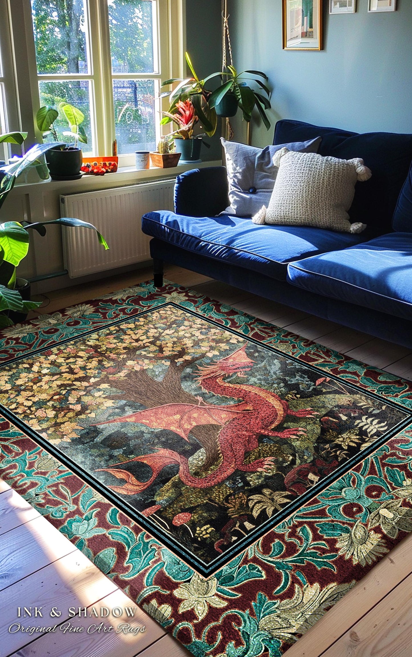 Mystical Fantasy Botanical Dragon Rug | Romantic Victorian Floral Medieval Gothic Bedroom Tree of Life Mythical Beasts Library Aesthetic Art