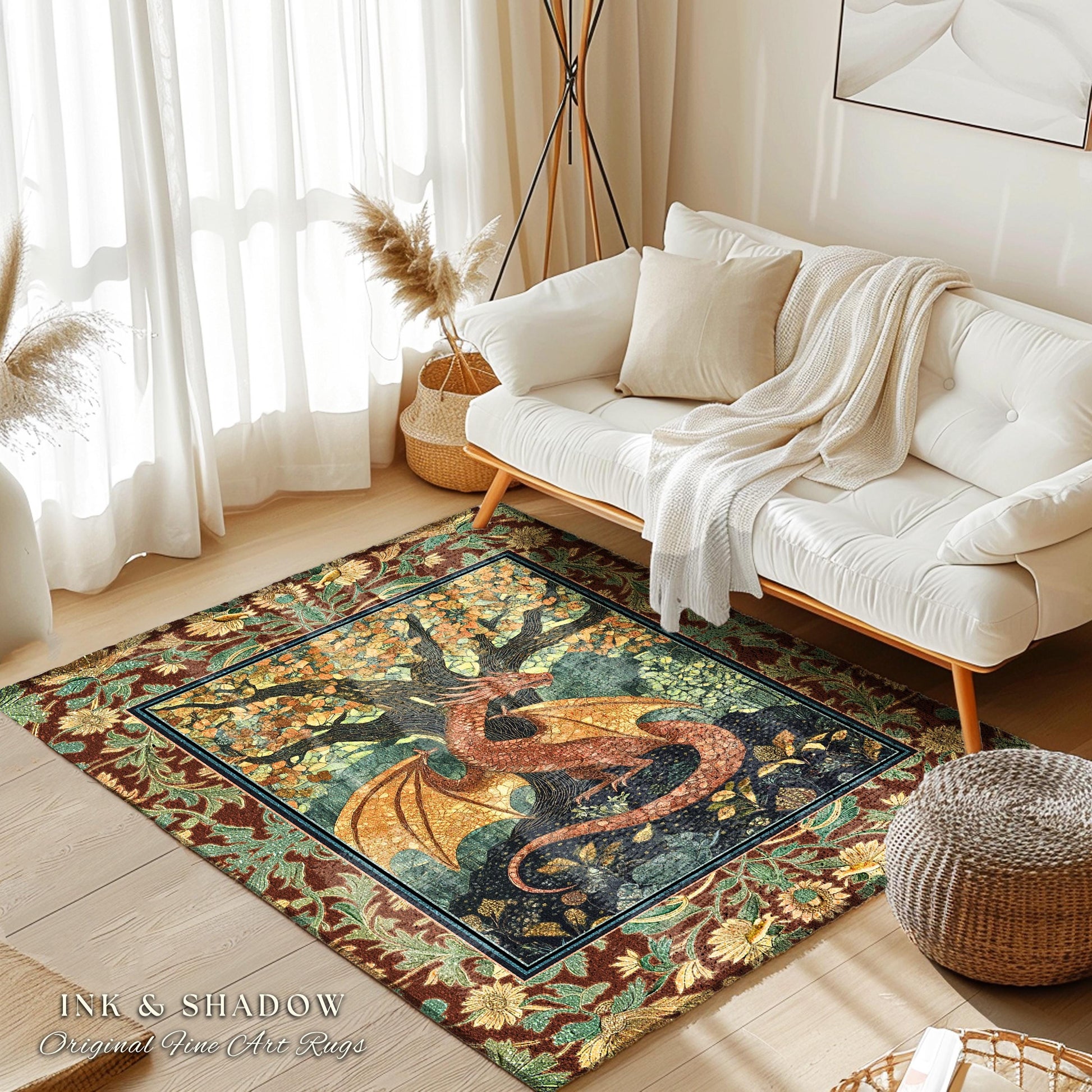 Modern Renaissance Dragon Accent Rug | Victorian Gothic Carpet Woodland Medieval Bedroom Ethereal Fairytale Gothic Dark Botanical Home Decor