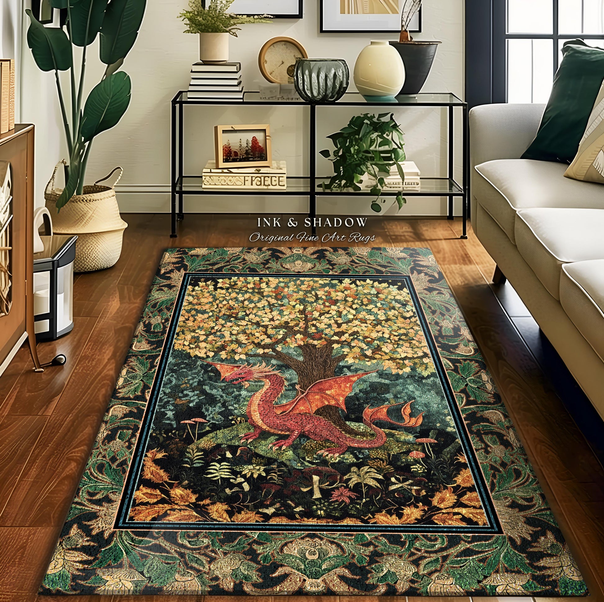 Moody Maximalist Dragon Area Rug | Dark Floral Cottagecore Home Accent Woodland Gothic Medieval Bedroom Decor Ethereal Fairytale Themed Art