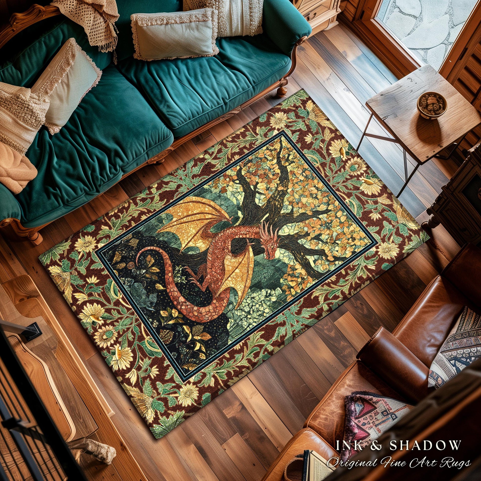 Modern Renaissance Dragon Accent Rug | Victorian Gothic Carpet Woodland Medieval Bedroom Ethereal Fairytale Gothic Dark Botanical Home Decor