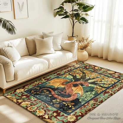 Modern Renaissance Dragon Accent Rug | Victorian Gothic Carpet Woodland Medieval Bedroom Ethereal Fairytale Gothic Dark Botanical Home Decor