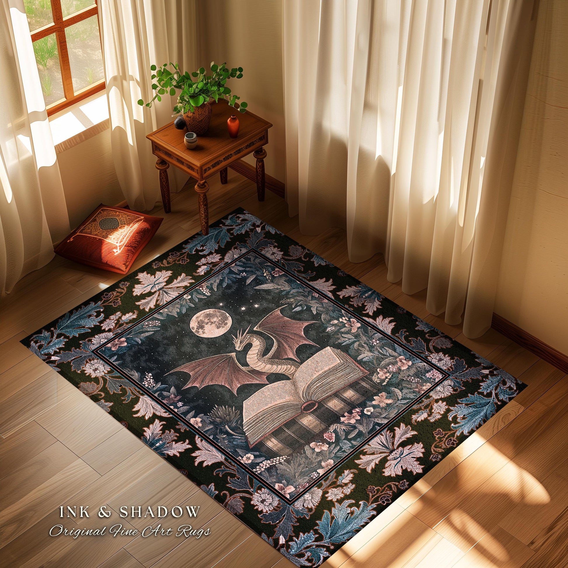 Dark Magic Dragon Theme Rug | Mystic Academia Medieval Fantasy Area Rug Moonlit Romantic Baroque Tree Ethereal Fantasy Reading Room Decor |