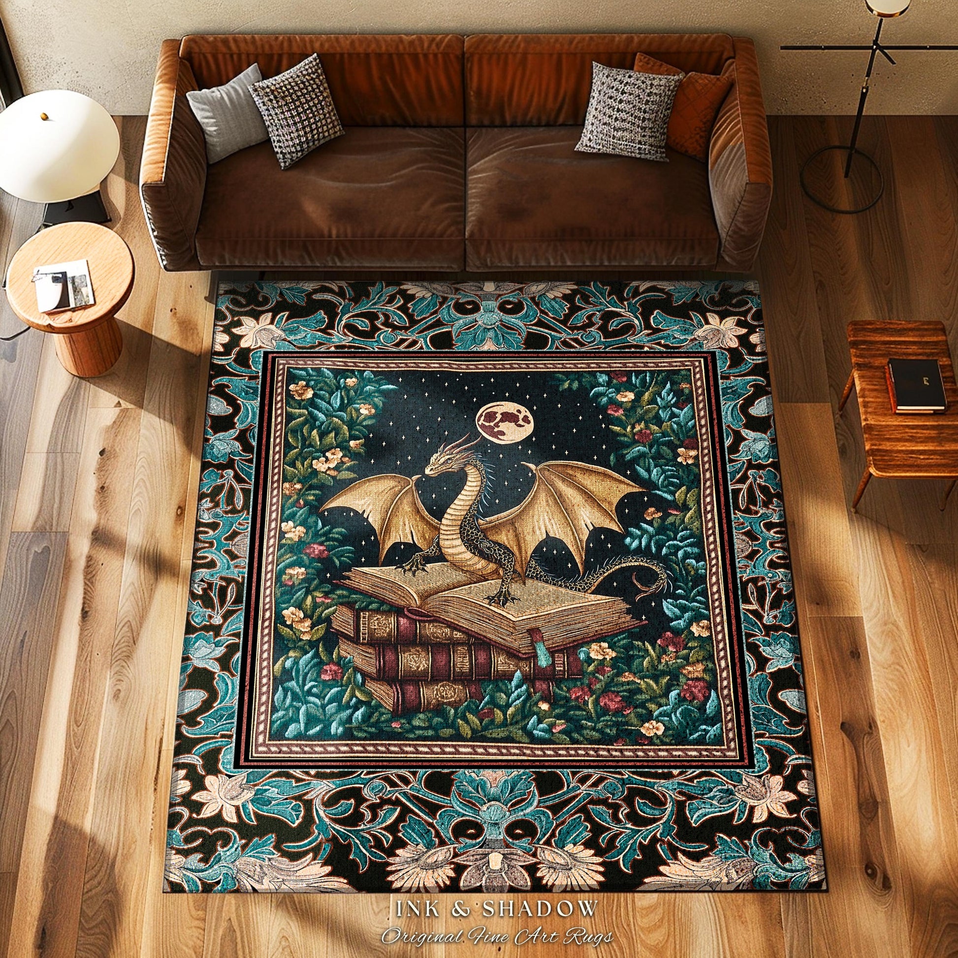 Fantasy Accent Rug Medieval Dragon | Medieval Library Aesthetic Gothic Cottagecore Decor for Book Nook Crowcore Fairytale Bedroom Area Rug |