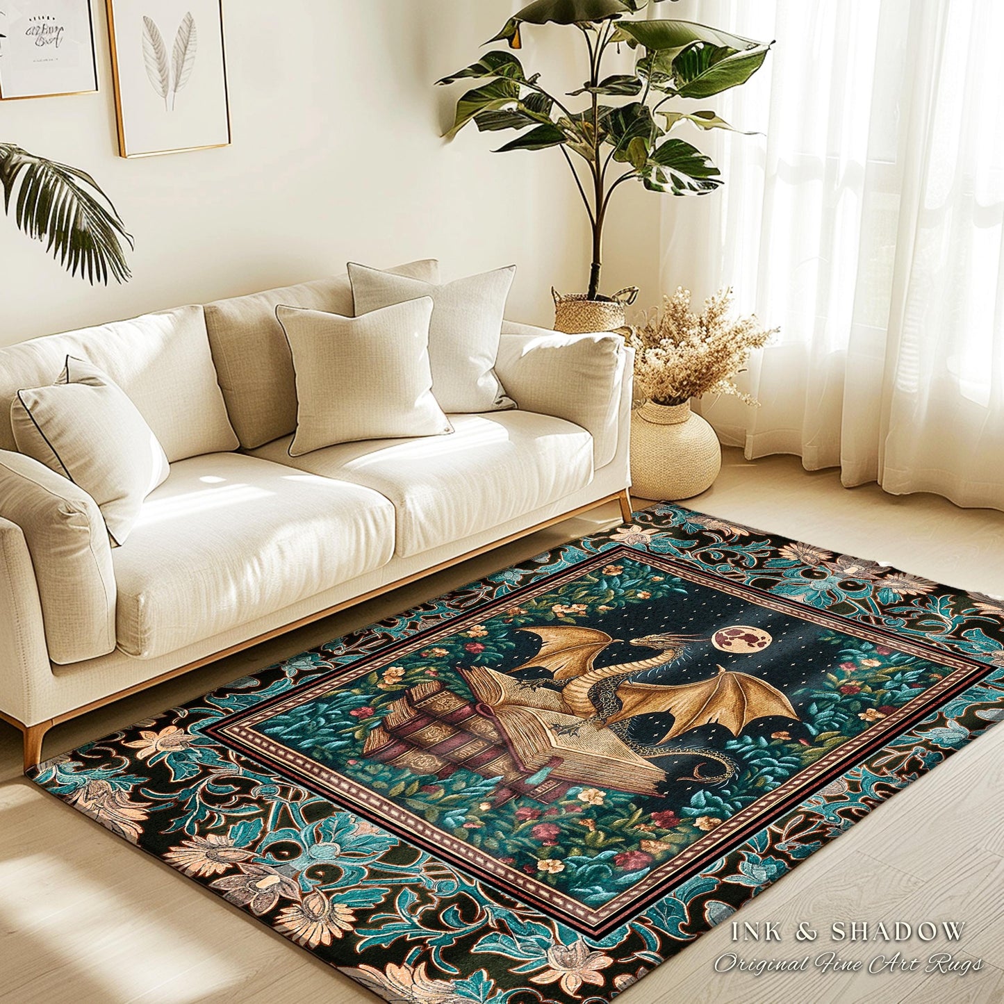 Fantasy Accent Rug Medieval Dragon | Medieval Library Aesthetic Gothic Cottagecore Decor for Book Nook Crowcore Fairytale Bedroom Area Rug |