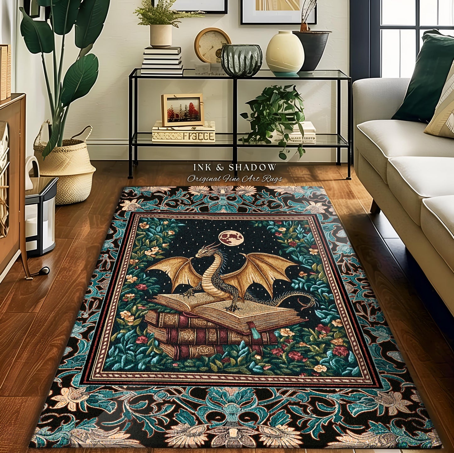 Fantasy Accent Rug Medieval Dragon | Medieval Library Aesthetic Gothic Cottagecore Decor for Book Nook Crowcore Fairytale Bedroom Area Rug |