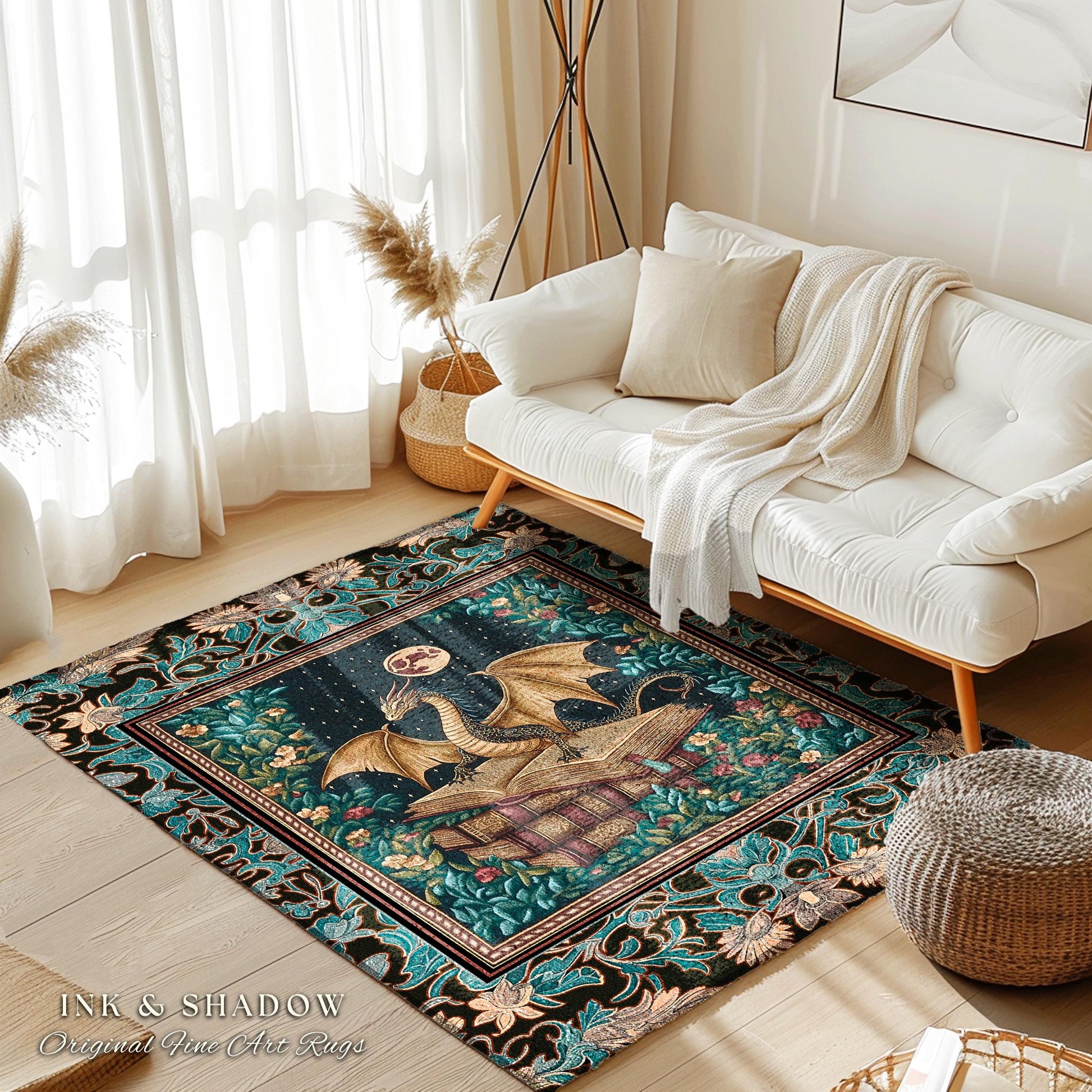 Fantasy Accent Rug Medieval Dragon | Medieval Library Aesthetic Gothic Cottagecore Decor for Book Nook Crowcore Fairytale Bedroom Area Rug |